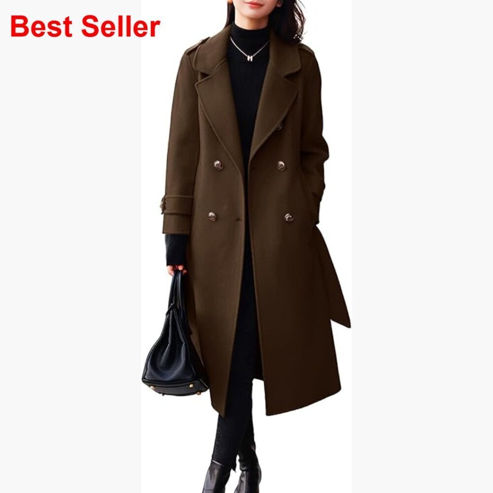 Women's Wool Pea Coat Double Breasted Belted Midi Long Winter Coat